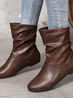 Slip-On Faux Leather Ankle Boots with Low Heel for Women