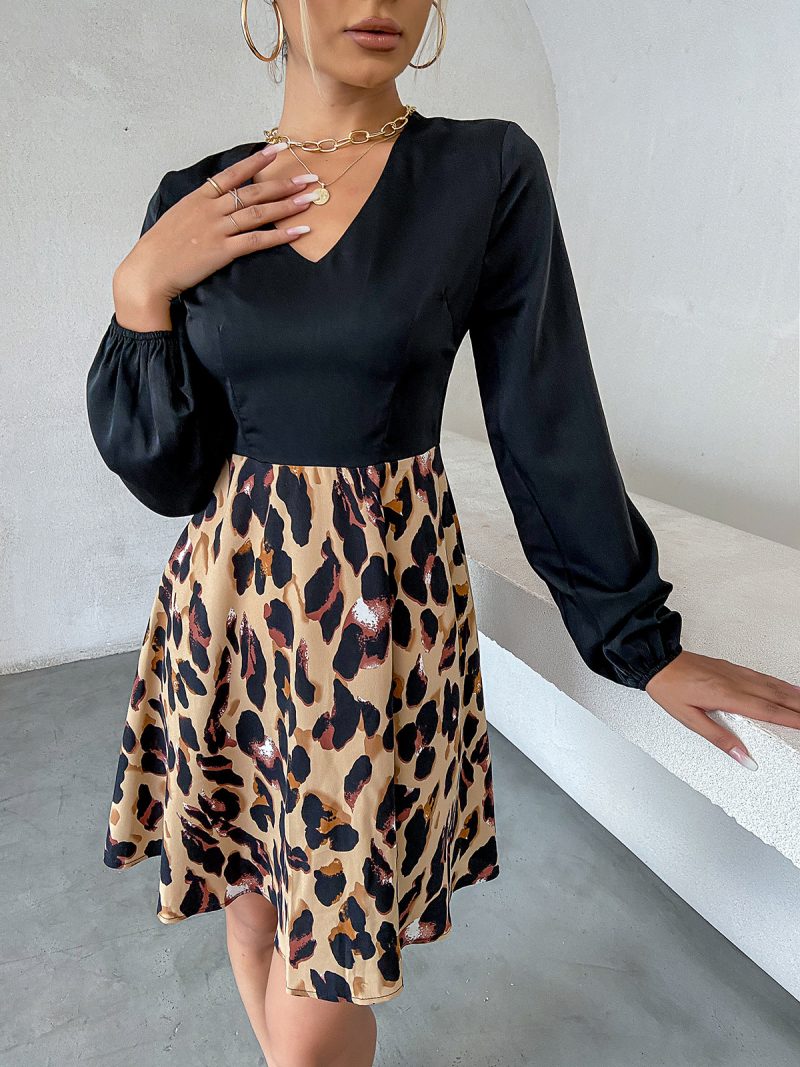 Leopard Print V-Neck Lantern Sleeve Slim Office Dress for Women - Image 2