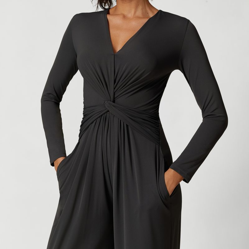 Sexy V-Neck High Slit Yoga Jumpsuit – Pleated Design for Women - Image 2