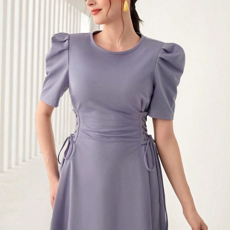 Elegant Solid Color Dress with Puff Sleeves and Loose Waist Trimming - Image 3