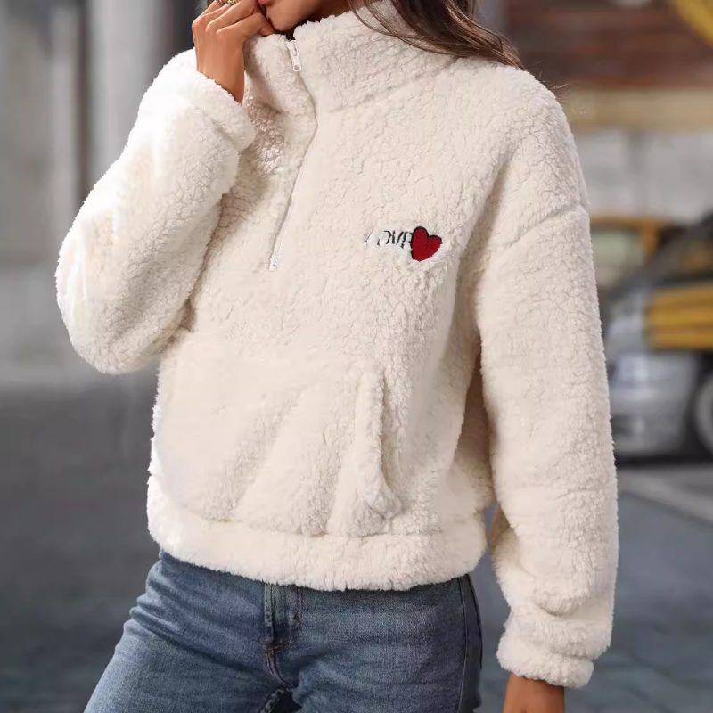 Womens Plush Long Sleeve Half-Zipped Stand Collar Sweater - Image 3