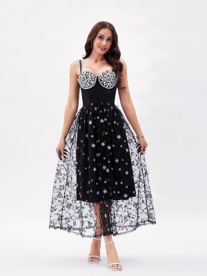 French Gentle Beaded Beauty Back Dress with Sequins & 3D Floral Mesh