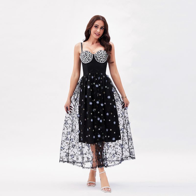French Gentle Beaded Beauty Back Dress with Sequins & 3D Floral Mesh