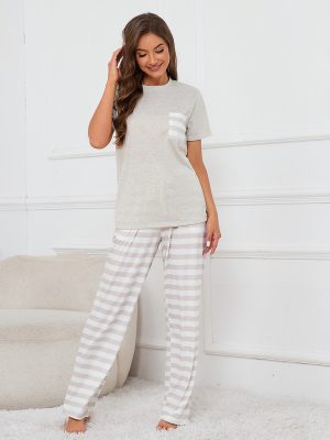 Real Shot Round Neck Short Sleeve Top with Striped Printed Lace Trousers Pajamas Suit