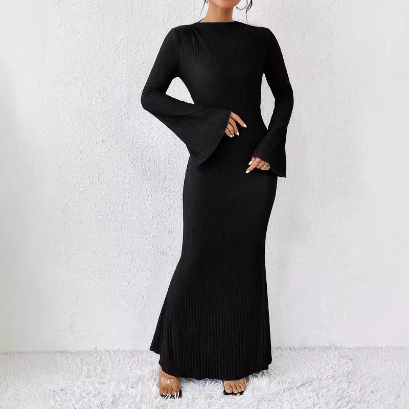 Women’s Bell Sleeve Slim Fit Fishtail Black Dress