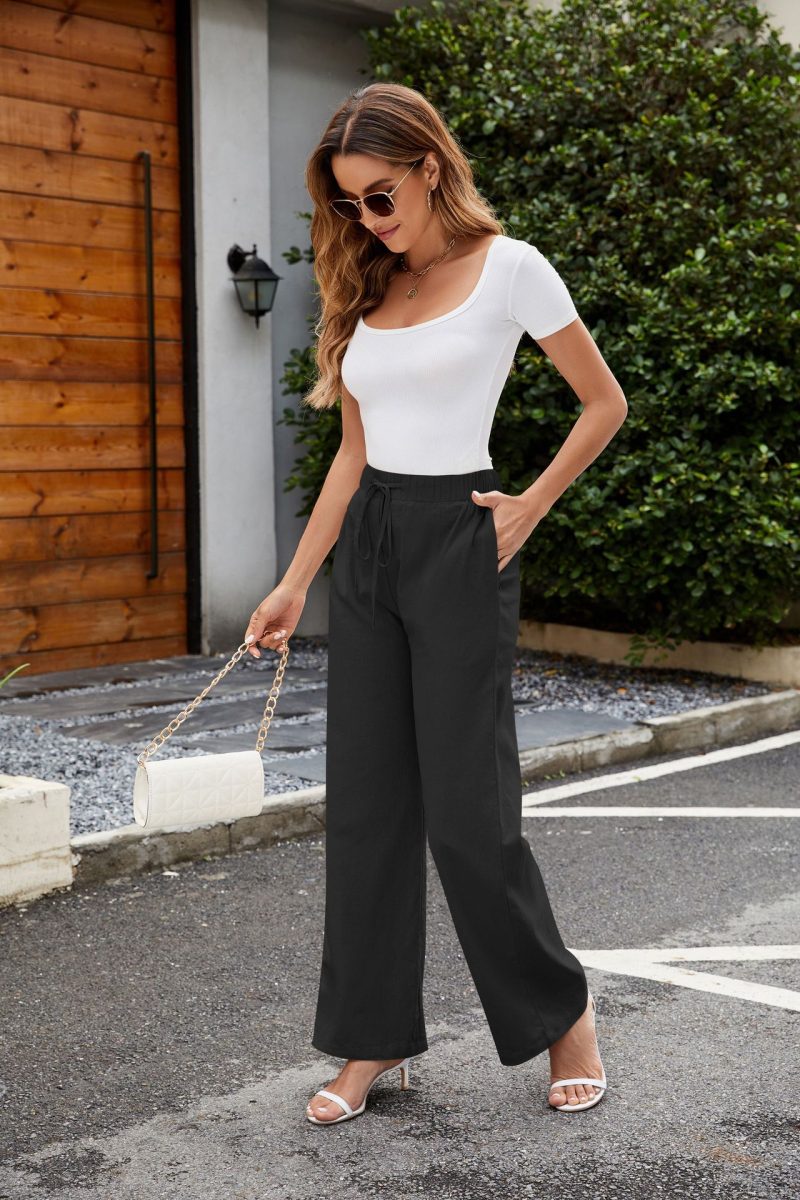 Breathable Cotton Linen Wide Leg Pants for Women - Drawstring & Pockets - Image 3