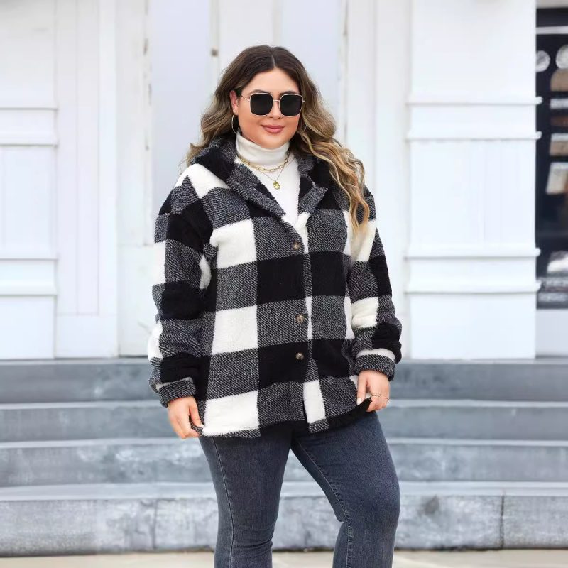 Plus Size Two-Tone Plush Button-Up Collared Coat for Women
