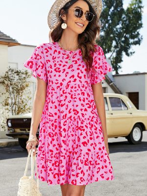 Summer Leopard Print Floral Crew Neck Loose Dress for Women