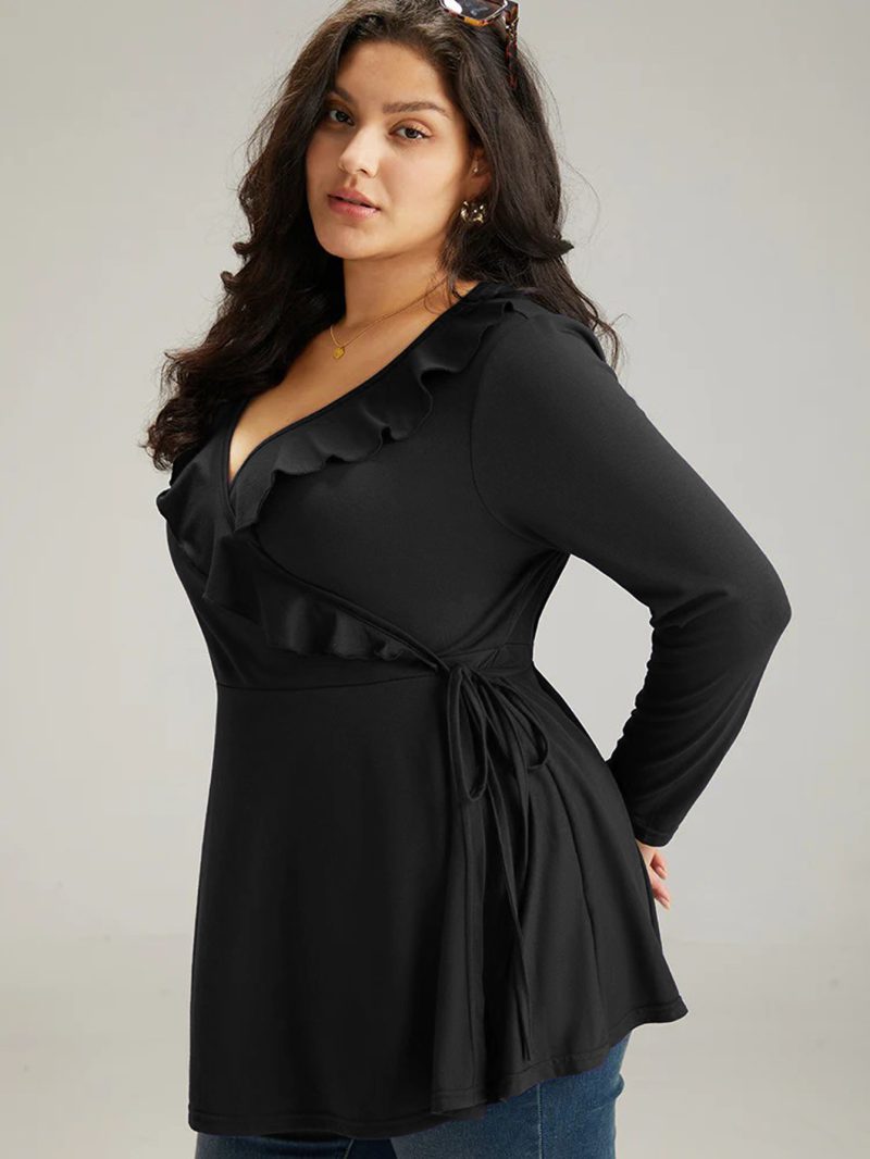 Plus Size Ruffled V-Neck Slimming Top – Elegant Autumn Winter T-Shirt - Image 3