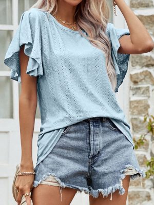 Summer Women’s Hollow Out Cutout Round Neck Ruffle Sleeve Casual T-Shirt