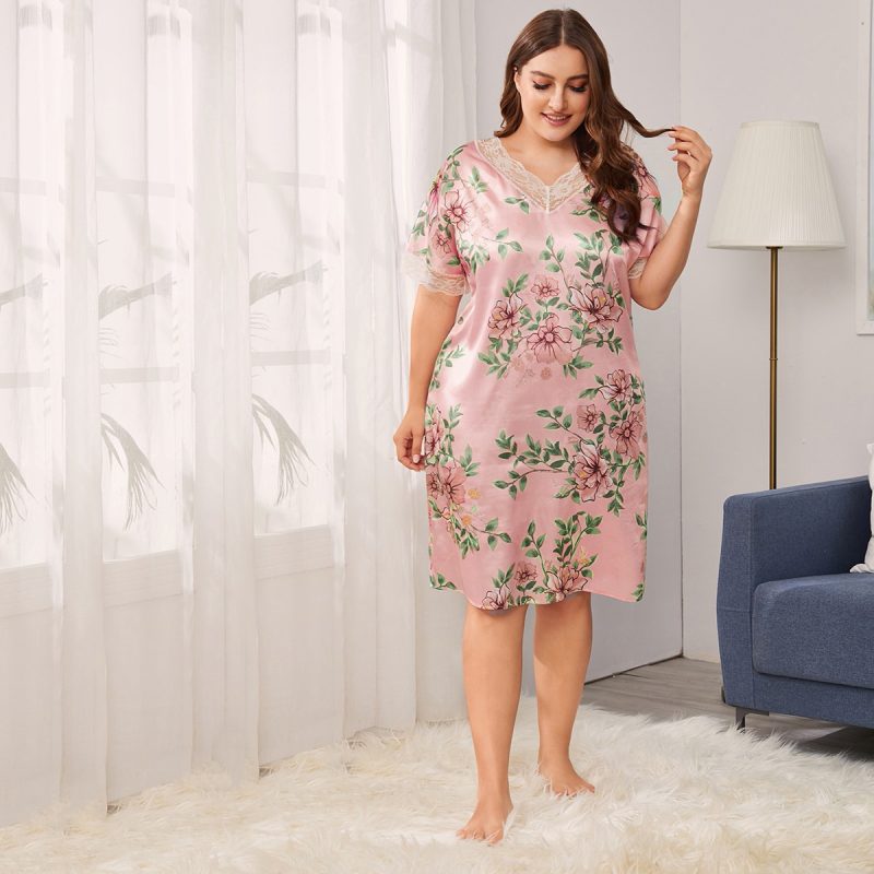 Plus Size Satin Printed Lace Nightdress for Spring Summer - Image 4