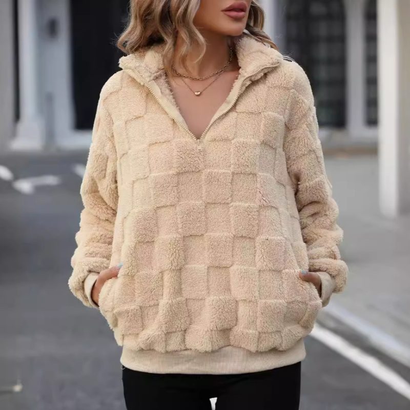 Winter Half-Zipped Stand Collar Loose Plaid Plush Pullover Sweater - Image 4