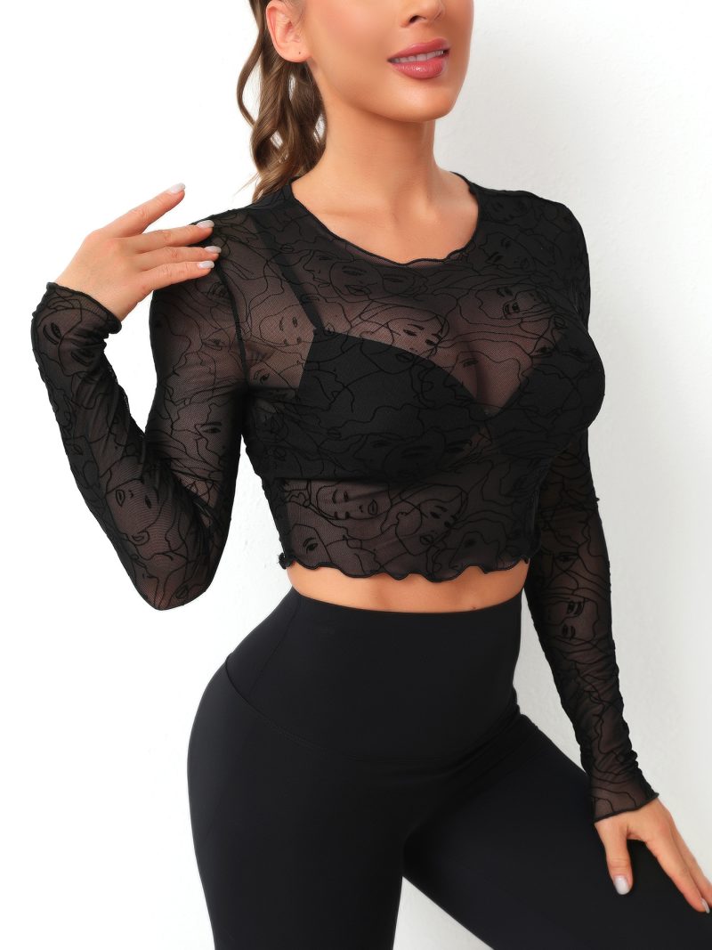 Elastic Mesh Cutout Cropped Ruffled Long Sleeve Top - Image 2