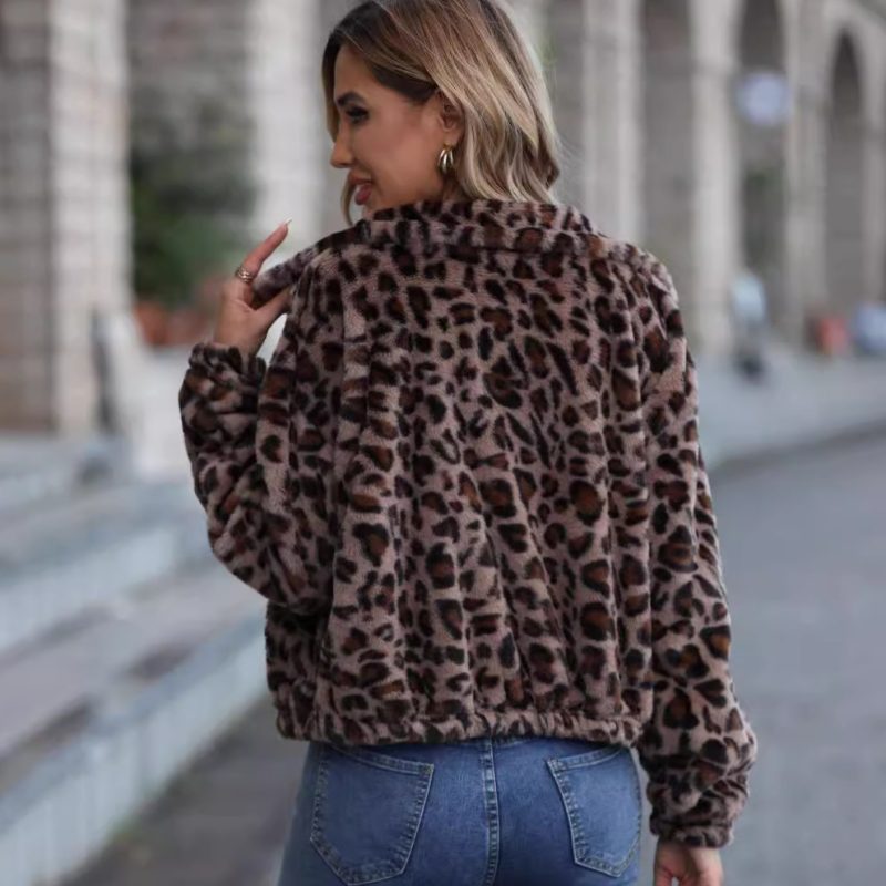 Women’s Autumn Winter Leopard Print Plush Coat with Zip and Long Sleeves - Image 2