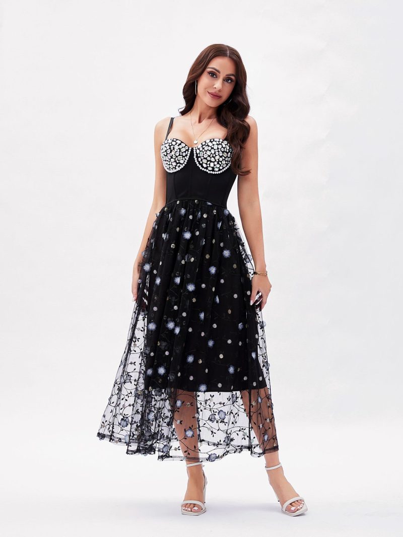 French Gentle Beaded Beauty Back Dress with Sequins & 3D Floral Mesh - Image 4
