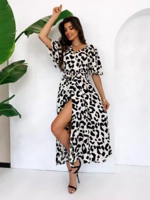 Summer Leopard Print V-Neck Long Sleeve Belted Dress for Women