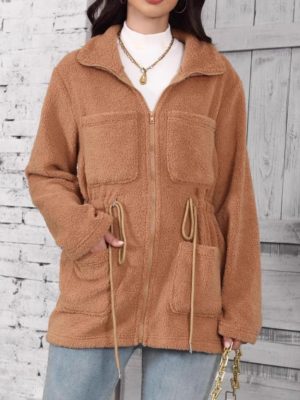 Womens Loose Pocket Zipper Collared Cardigan – Plush Coat