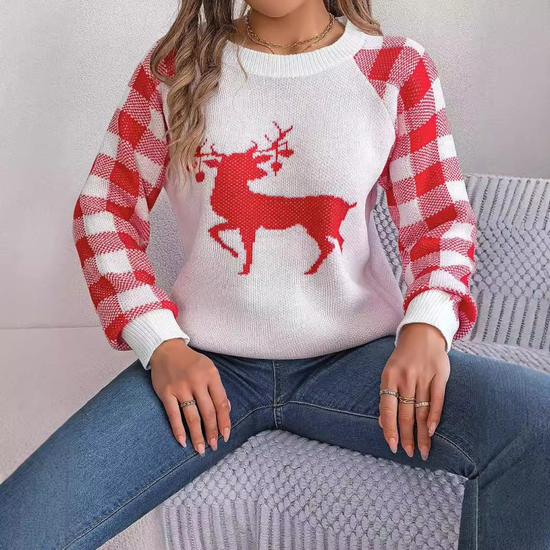 Casual Plaid Deer Long Sleeve Pullover for Autumn Winter - Image 2