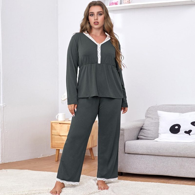 Plus Size Autumn Winter Two-Piece Lace Stitching Homewear Set - Image 2