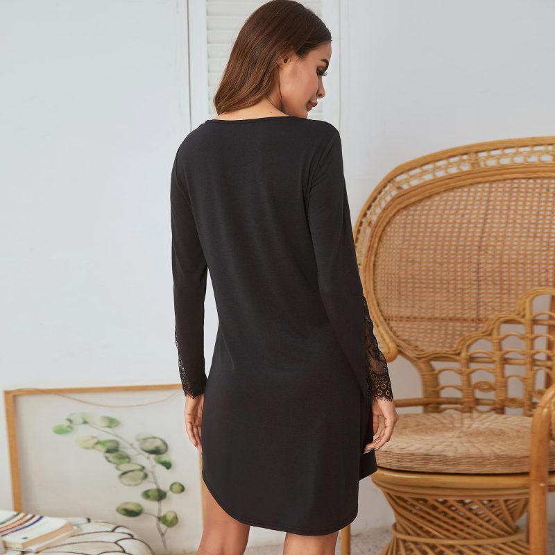 Long Sleeve Lace Stitching Mock Fly Imitation Cotton Nightdress for Women - Image 2