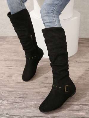 Retro High Chunky Heel Boots with Belt Buckle for Women