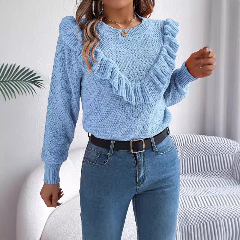 Elegant Solid Color Ruffled Long Sleeve Pullover Sweater for Women - Image 2