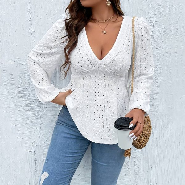 Plus Size Deep V Plunge T-Shirt – Sexy Long Sleeve Top - Image 2