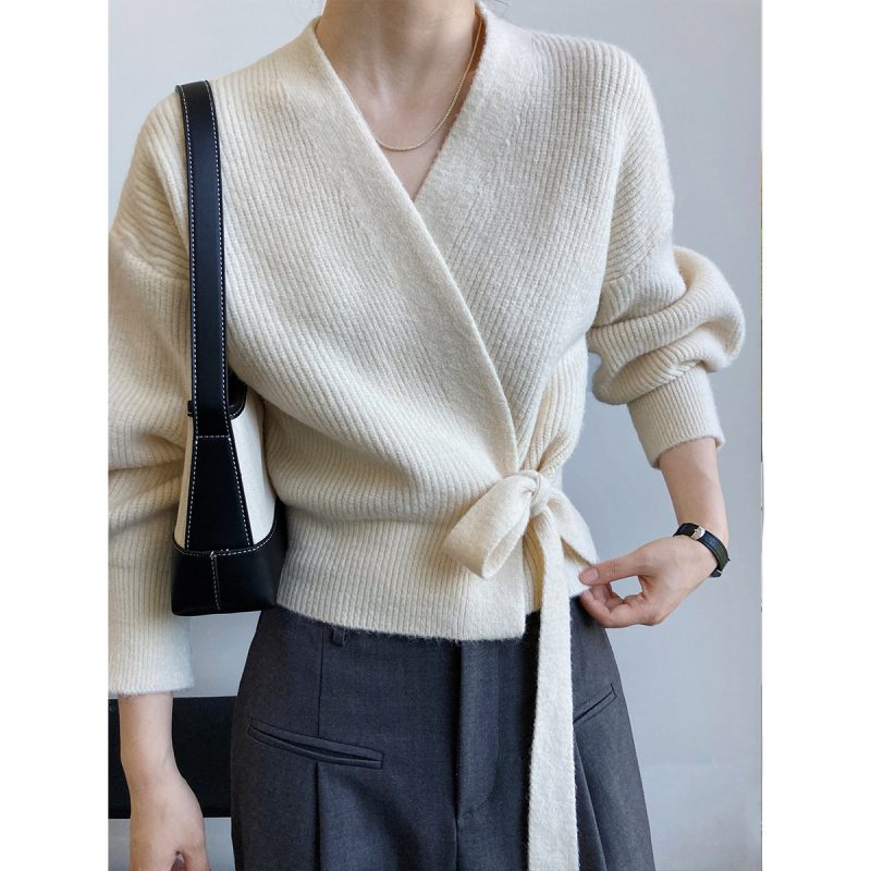 French Retro V-Neck Lace-Up Knitted Cardigan for Women - Image 4
