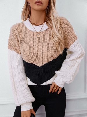 Women’s Contrast Color Round Neck Pullover Sweater – Loose Fit