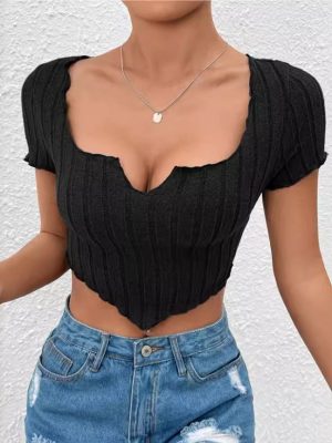 Summer U Shaped Notched Collar Slim Fit Sexy T-Shirt