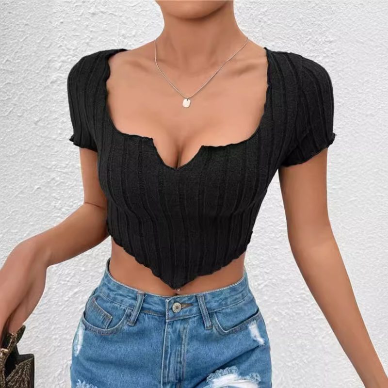 Summer U Shaped Notched Collar Slim Fit Sexy T-Shirt