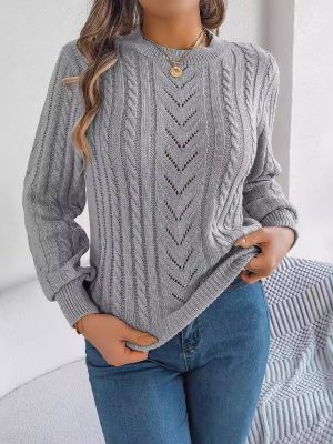 Casual Solid Color Hollow Out Lantern Sleeve Pullover Sweater for Women