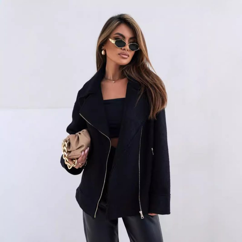 Autumn Winter Collared Woolen Brushed Zipper Coat for Women - Image 2
