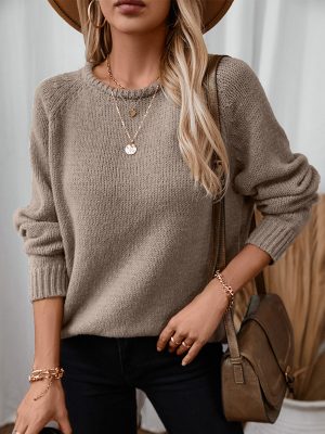 Women’s Solid Color Curling Pullover Sweater – Loose Crew Neck