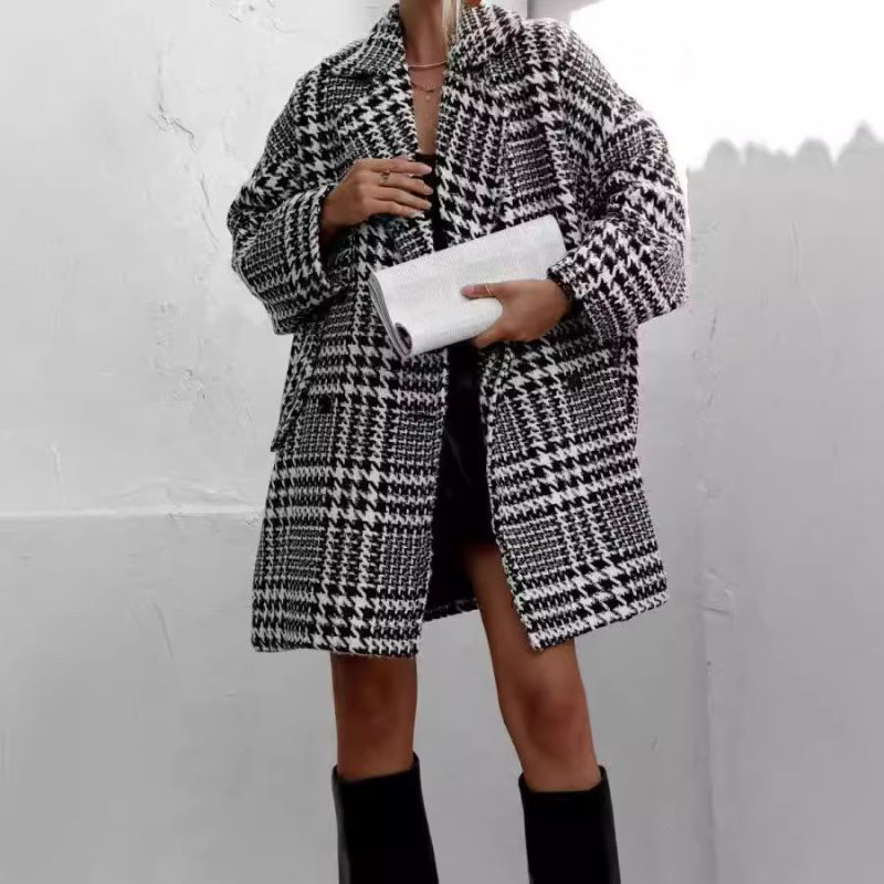 Autumn Winter Thick Loose Plaid Houndstooth Woolen Coat for Women - Image 4