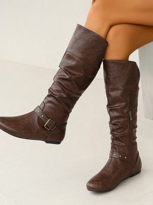 Vintage Crumpled Long Boots with Belt Buckle for Women