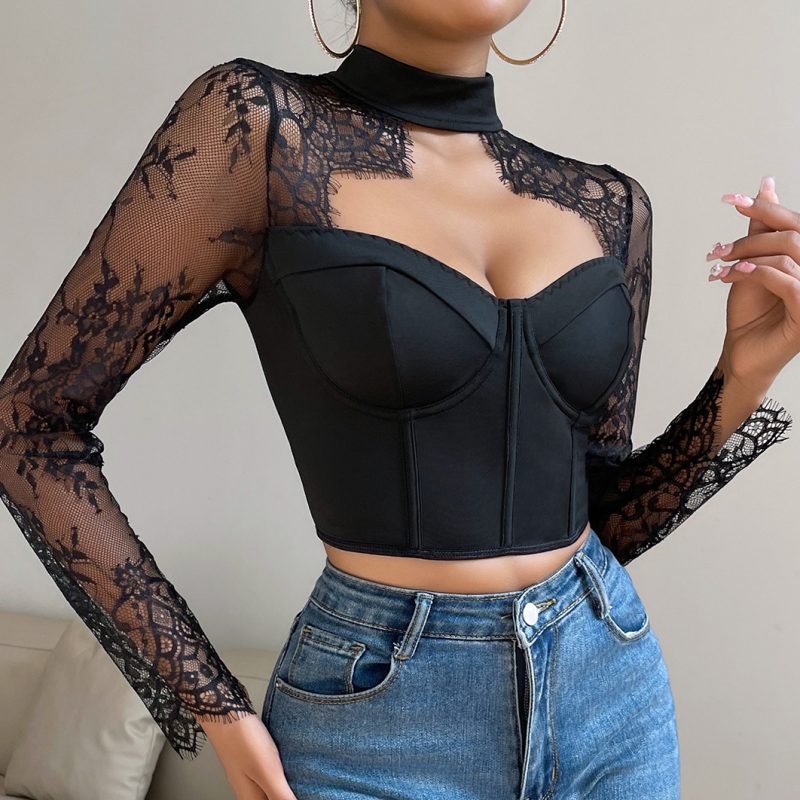 Women’s Elegant Slim Lace Long Sleeve Low Cut Top - Autumn Winter - Image 2