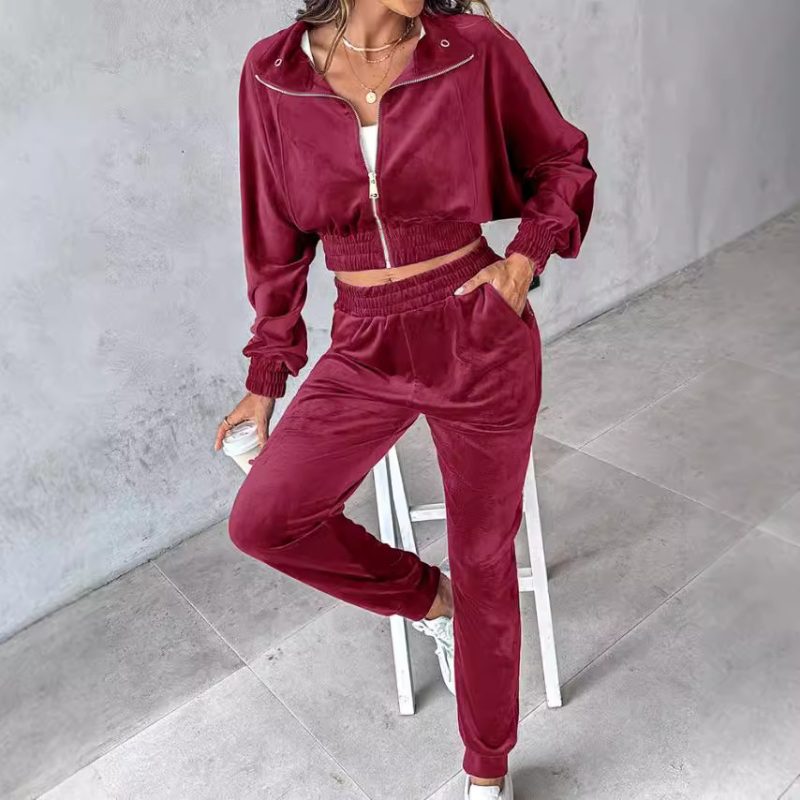 Autumn Winter Casual Pleuche Long Sleeve Trousers Set for Women - Image 3
