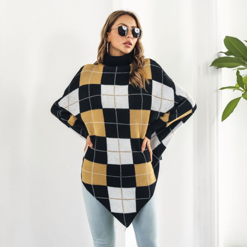 Plaid Jacquard Cape Sweater with Turtleneck for Women - Image 2