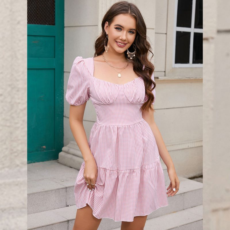 Fresh Tartan Square Collar Puff Sleeve A-Line Holiday Dress - Image 2