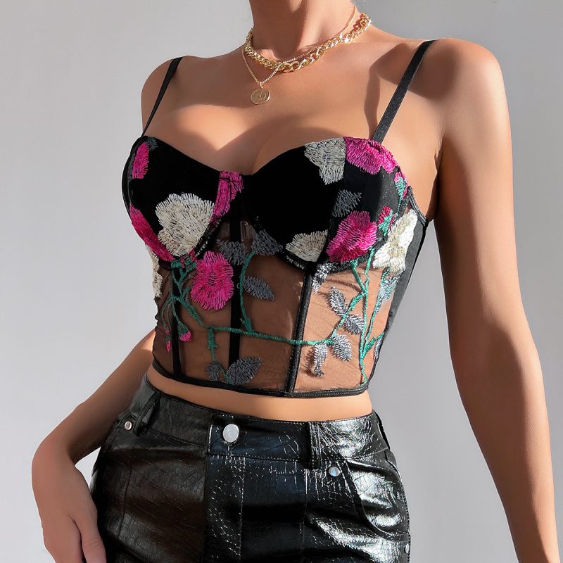 Retro Floral Embroidered Net Yarn Boning Corset Vest - Image 4