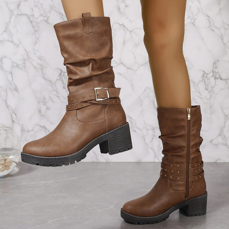 Brown Pleated Side Zipper Rivet Mid-Calf Chunky Heel Casual Boots for Women - Image 2