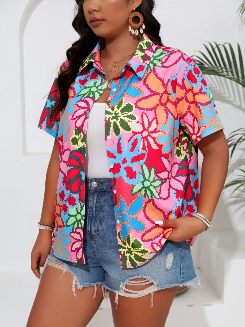 Plus Size Summer Digital Print Button-Up Short Sleeve Shirt for Women - Image 2
