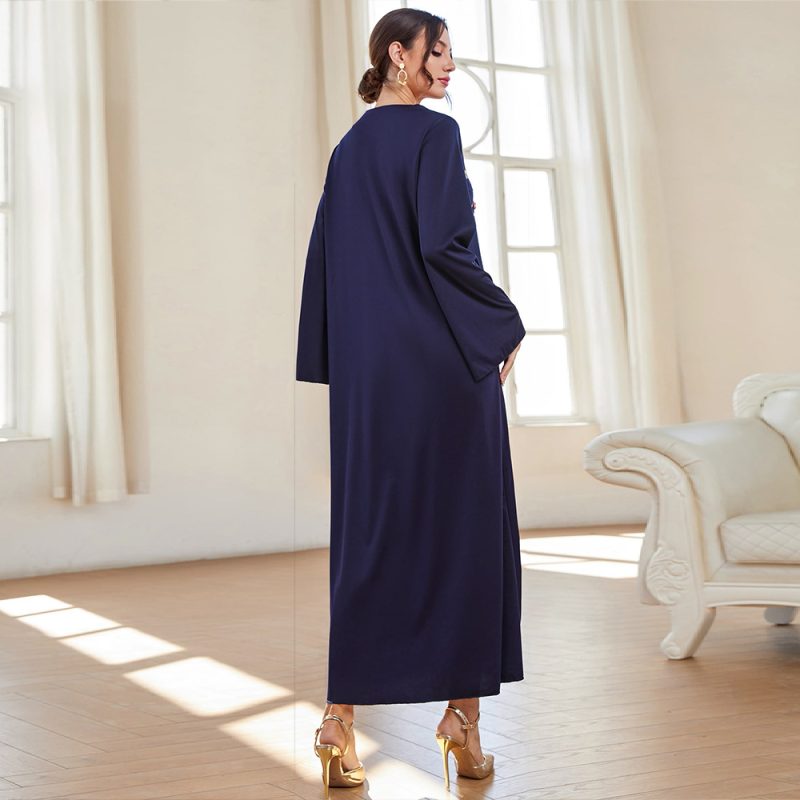 Autumn Blue V-Neck Embroidered Abaya Robe Dress - Image 3