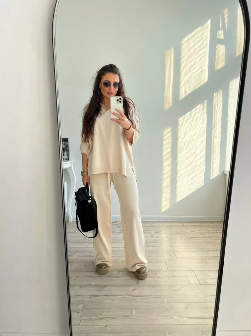 Polo Collar Sweater & Knitted Trousers Set – Casual Solid Color Two-Piece - Image 3
