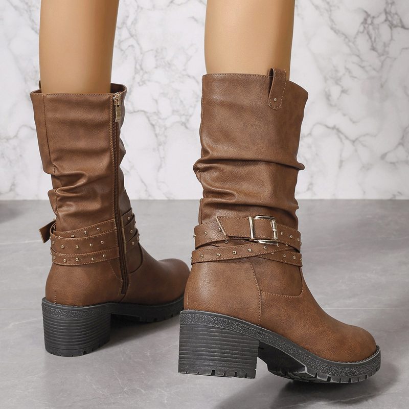 Brown Pleated Side Zipper Rivet Mid-Calf Chunky Heel Casual Boots for Women - Image 3