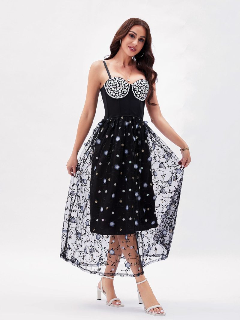 French Gentle Beaded Beauty Back Dress with Sequins & 3D Floral Mesh - Image 2