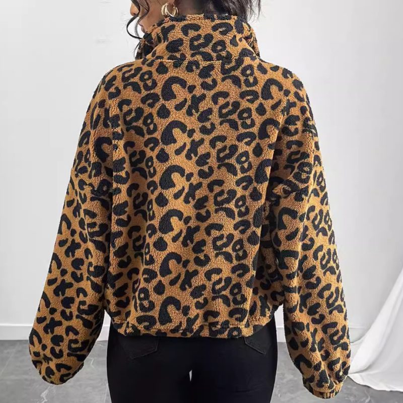 Womens Zipper Leopard Print Plush Cardigan - Loose Coat - Image 2