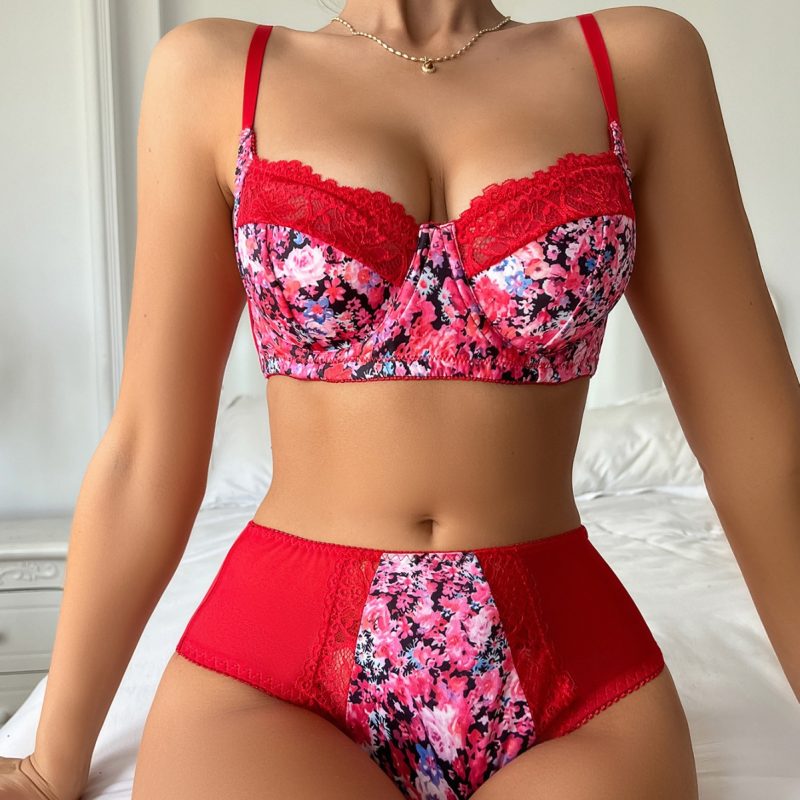 Floral Print Lace Trimmed Push-Up Bra – Sling Suit for Women - Image 3