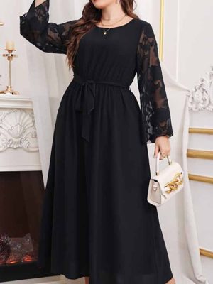 Plus Size High Waist Black Polka Dot Elastic Waist Dress for Women